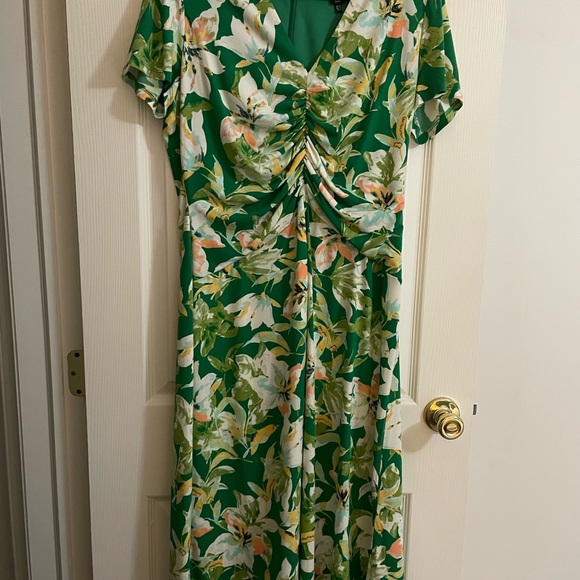 Maggy London Green and White Ruched Wrap Midi Dress - Picture 1 of 2